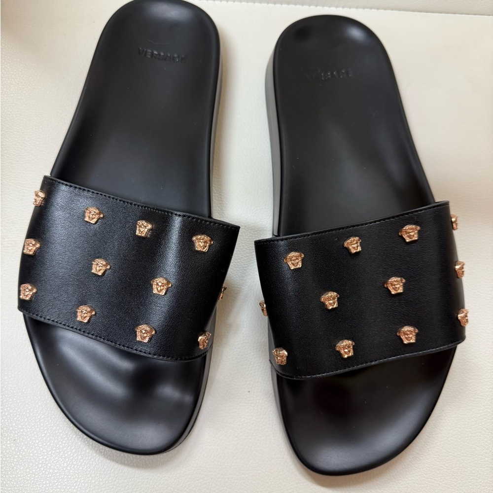 RESERVED- Black Slide Sandals with Gold Accents